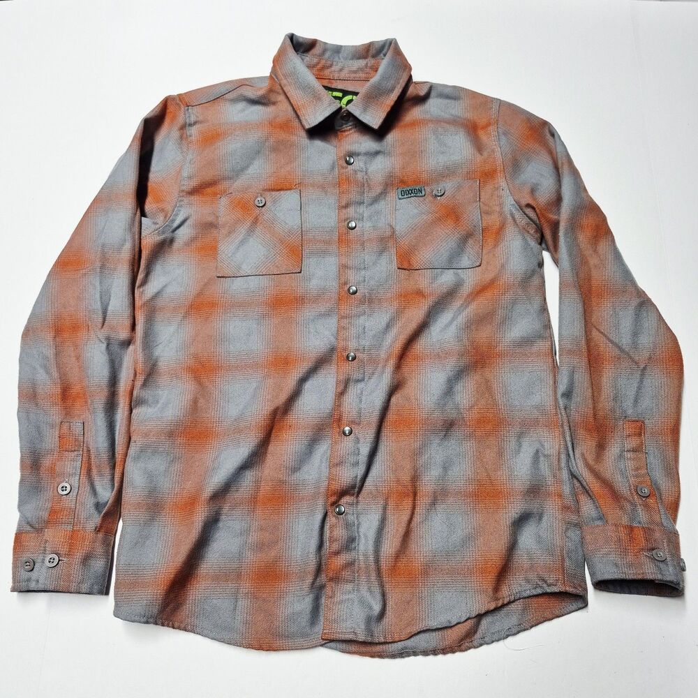 Dixxon Flannel Co Youth Large Orange Gray Plaid Shirt Long Sleeve D-Tech Snap